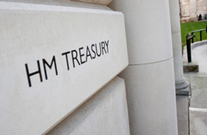 Picture taken of the HM Treasury sign outside of the building.